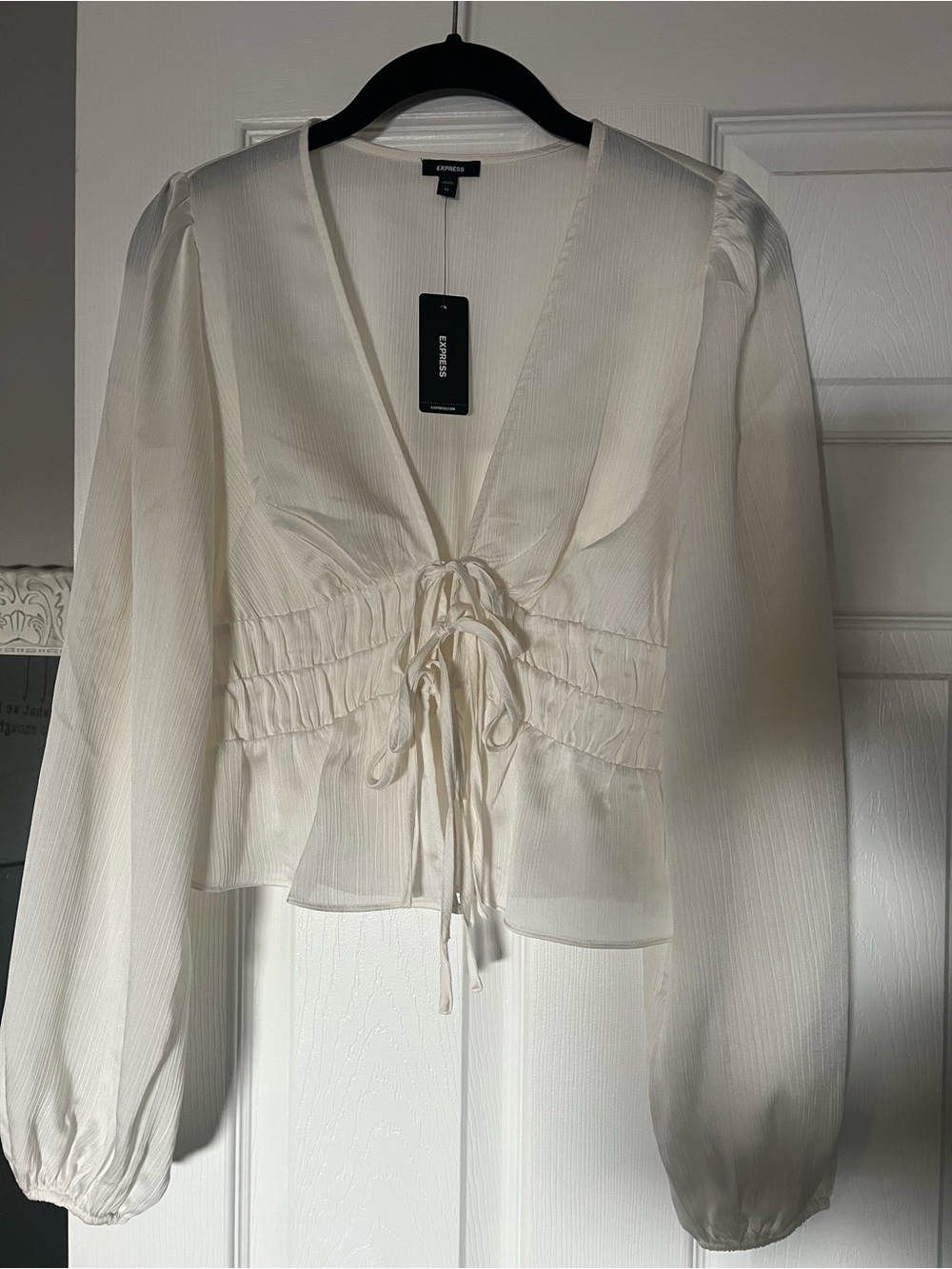 Express Cream Tie-Front V-Neck Blouse with Puff Sleeves